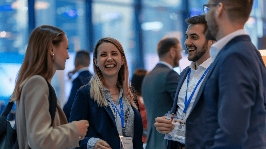 Attendees networking and laughing between sessions at an AI summit